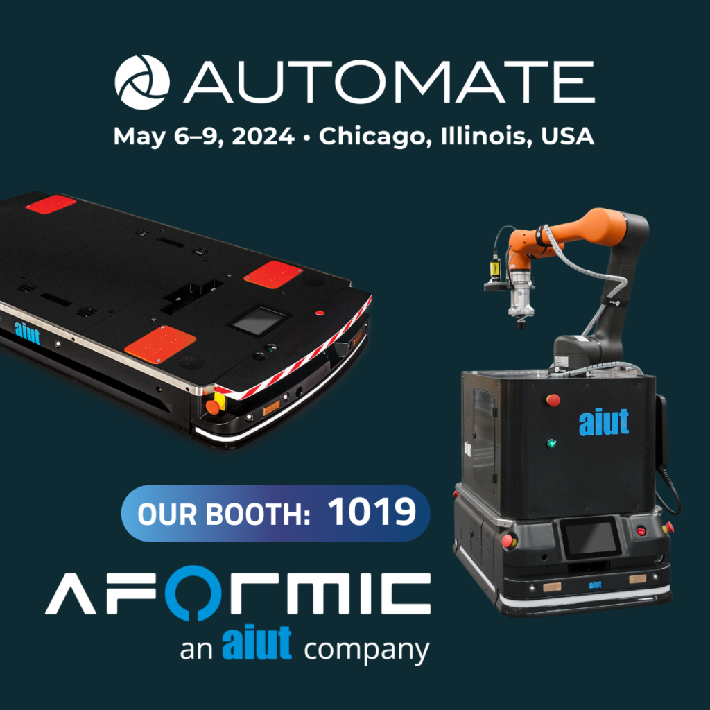 The picture shows the latest models of Aformic AMRs from F-series which will be presented at Automate
 2024